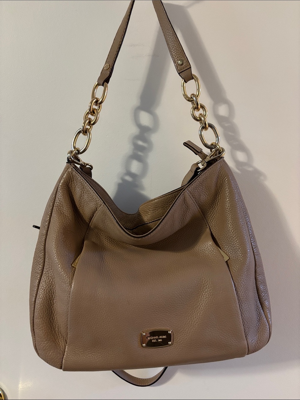Michael Kors Taupe Pebbled Leather Shoulder Bag with Gold Chain